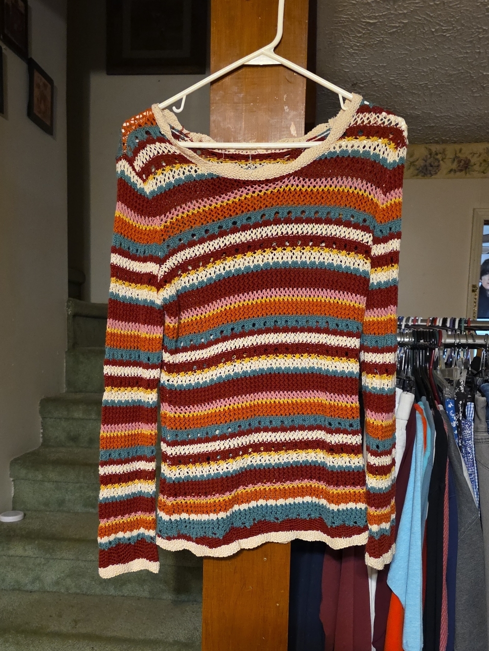 krazy kat Striped Open-Knit Sweater in Burgundy, Teal, Mustard, Pink & Cream